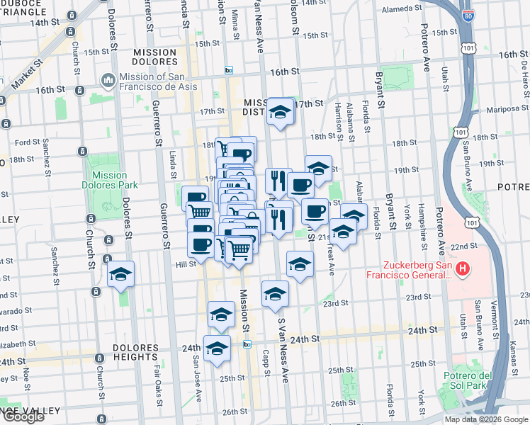 map of restaurants, bars, coffee shops, grocery stores, and more near 3415 20th Street in San Francisco
