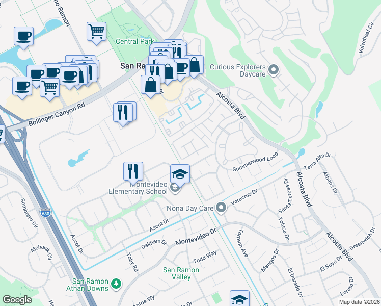 map of restaurants, bars, coffee shops, grocery stores, and more near 353 Winterwind Circle in San Ramon