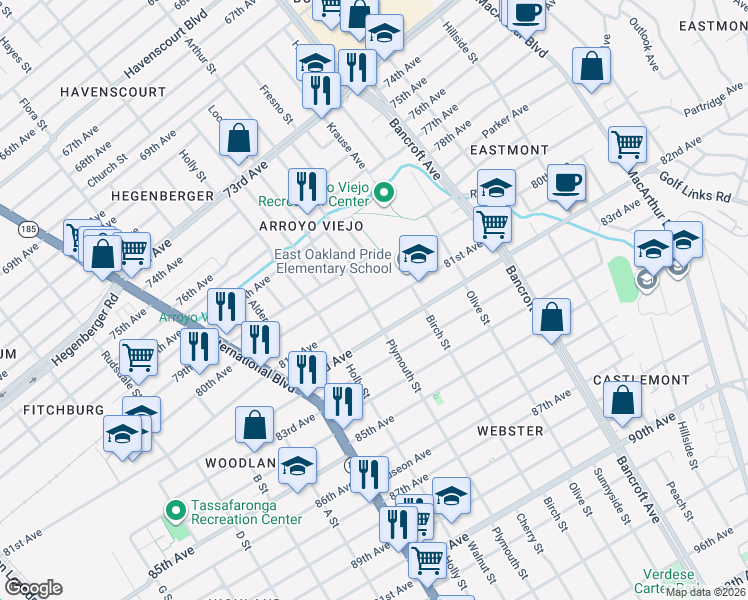map of restaurants, bars, coffee shops, grocery stores, and more near 1666 81st Avenue in Oakland