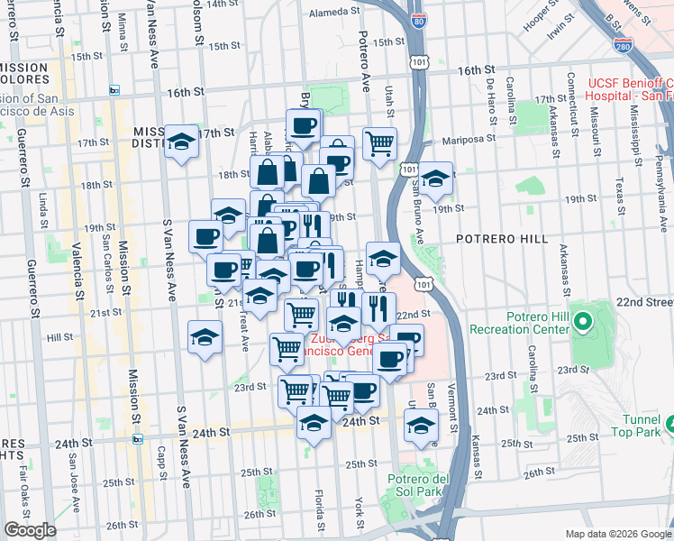 map of restaurants, bars, coffee shops, grocery stores, and more near 882 York Street in San Francisco