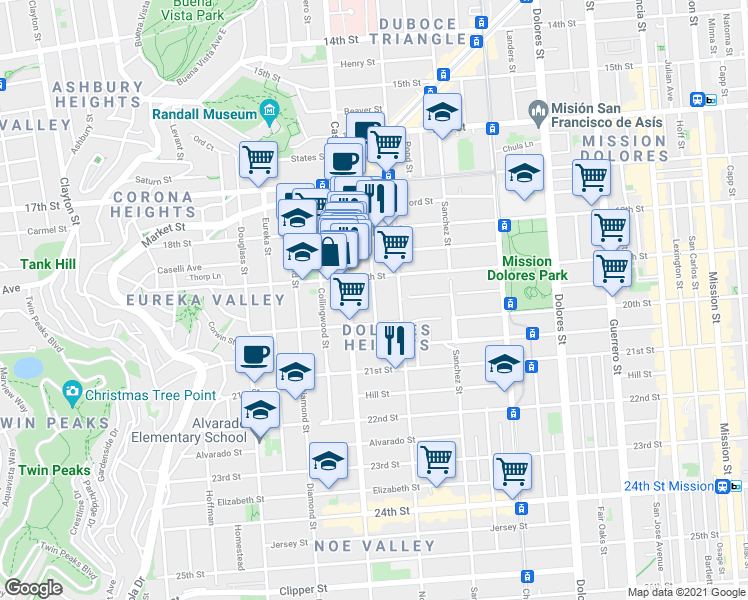 map of restaurants, bars, coffee shops, grocery stores, and more near in San Francisco