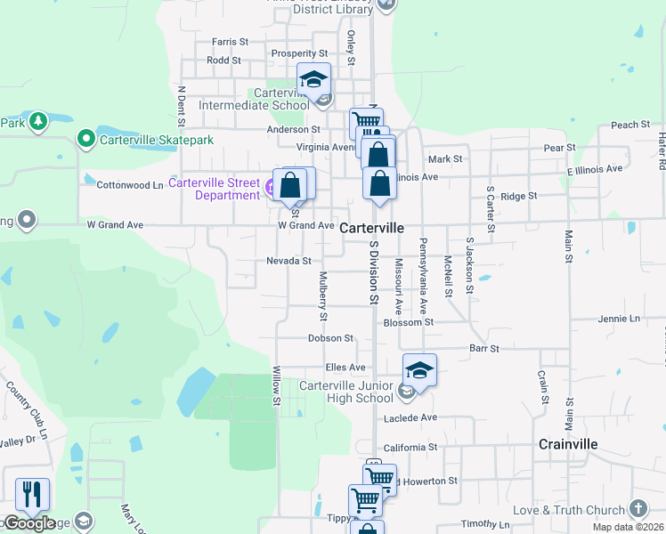 map of restaurants, bars, coffee shops, grocery stores, and more near 221 Michigan Avenue in Carterville