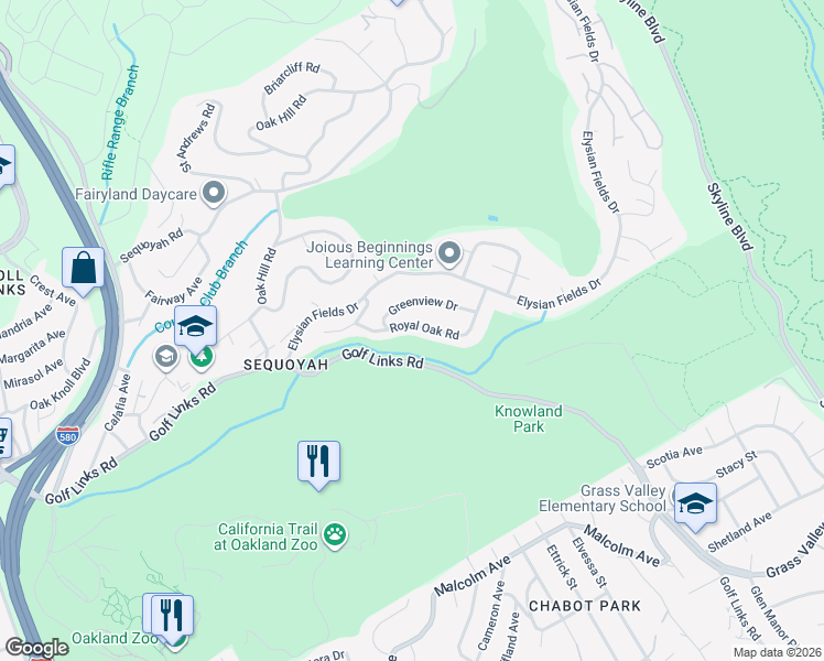 map of restaurants, bars, coffee shops, grocery stores, and more near 10373 Royal Oak Road in Oakland