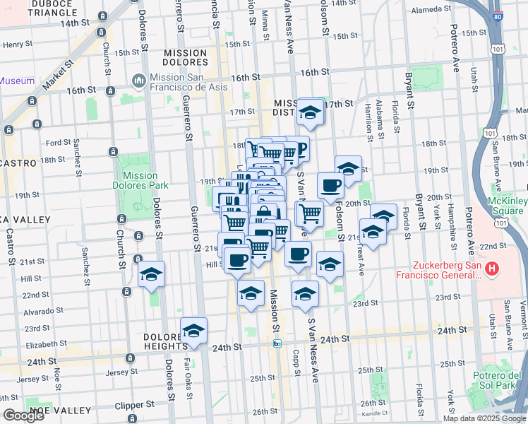 map of restaurants, bars, coffee shops, grocery stores, and more near 2405 Mission Street in San Francisco
