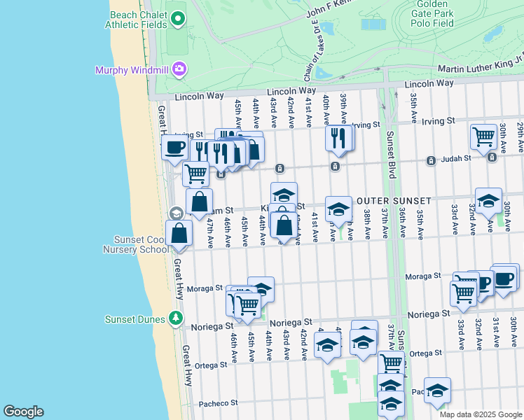 map of restaurants, bars, coffee shops, grocery stores, and more near 44th Avenue in San Francisco