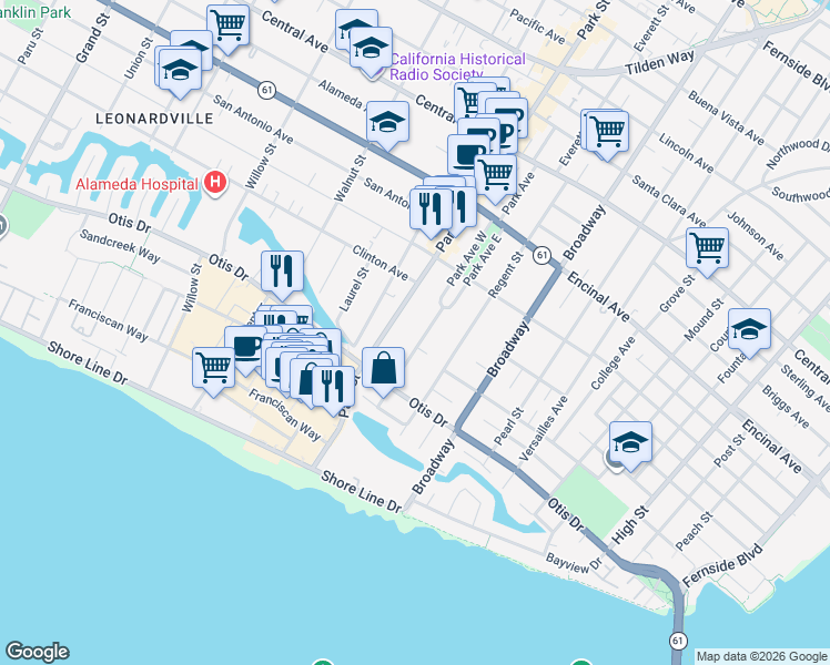 map of restaurants, bars, coffee shops, grocery stores, and more near 1093 Park Avenue in Alameda