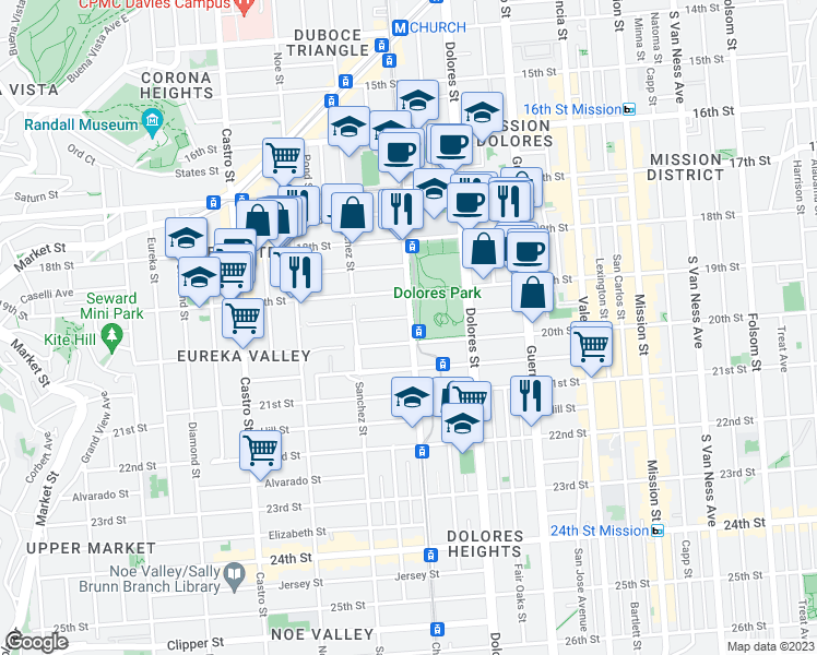 map of restaurants, bars, coffee shops, grocery stores, and more near 758 Church Street in San Francisco