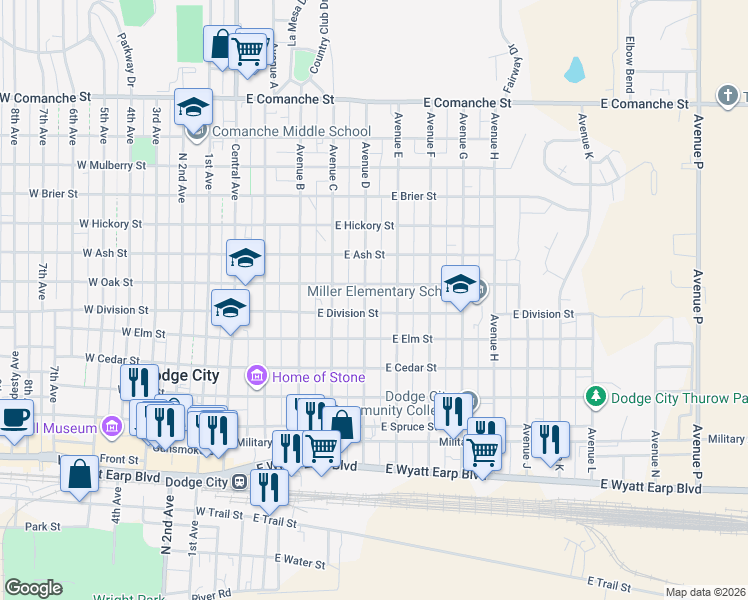map of restaurants, bars, coffee shops, grocery stores, and more near 1003-1099 Avenue D in Dodge City