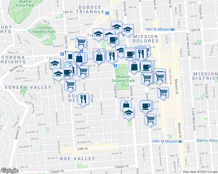 map of restaurants, bars, coffee shops, grocery stores, and more near in San Francisco