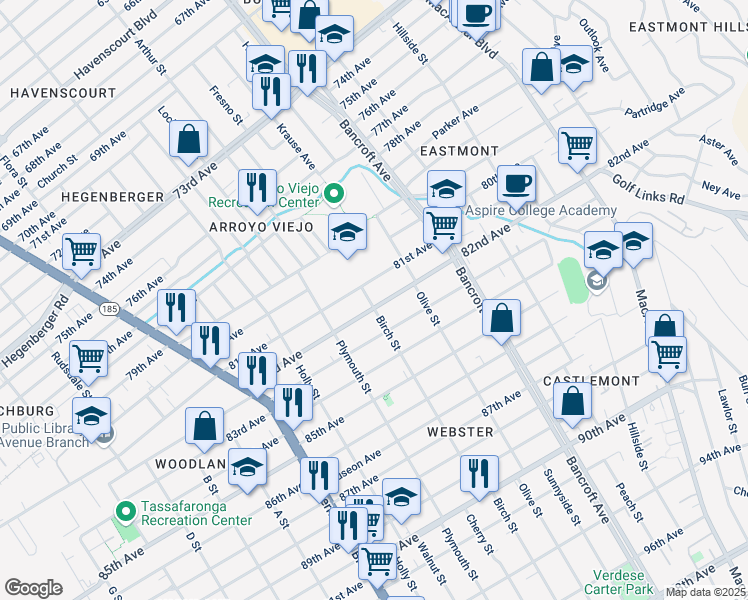 map of restaurants, bars, coffee shops, grocery stores, and more near 8212 Birch Street in Oakland