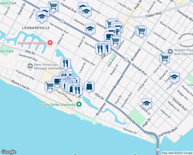 map of restaurants, bars, coffee shops, grocery stores, and more near 1093 Park Avenue in Alameda