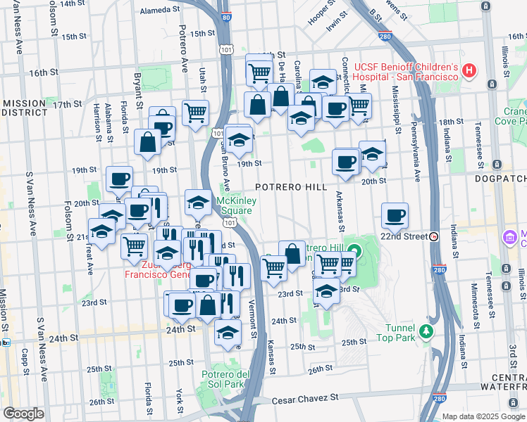 map of restaurants, bars, coffee shops, grocery stores, and more near 926 Kansas Street in San Francisco