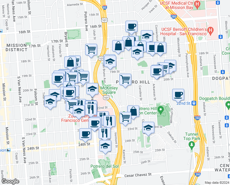 map of restaurants, bars, coffee shops, grocery stores, and more near 926 Kansas Street in San Francisco