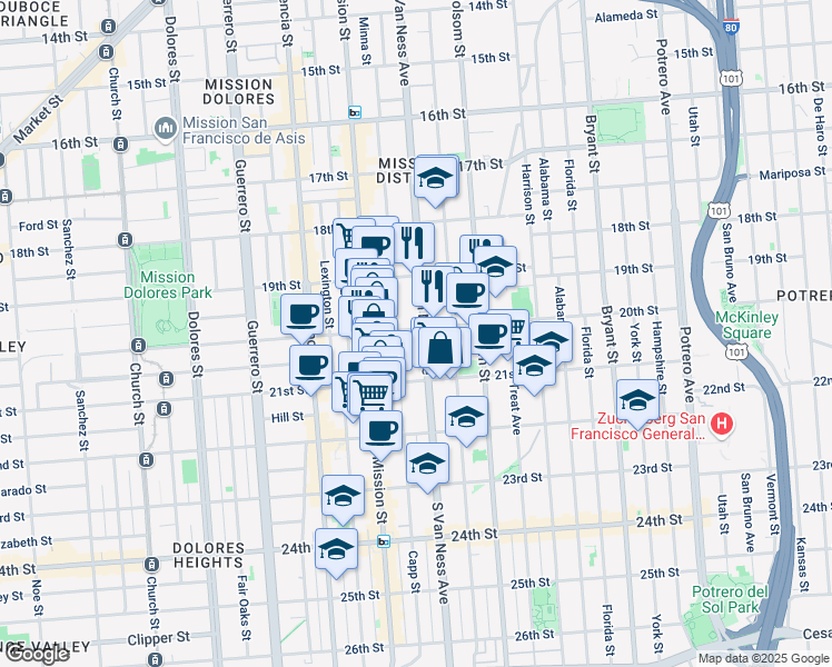 map of restaurants, bars, coffee shops, grocery stores, and more near 3088 21st Street in San Francisco