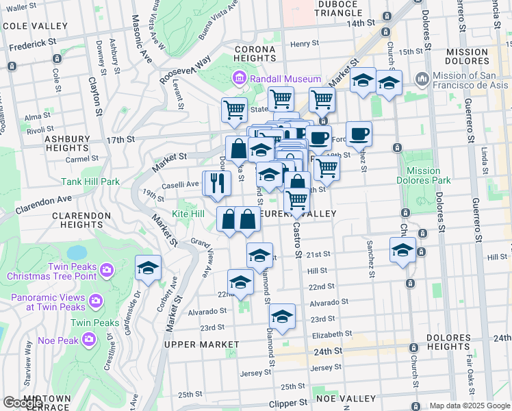map of restaurants, bars, coffee shops, grocery stores, and more near 271 Eureka Street in San Francisco