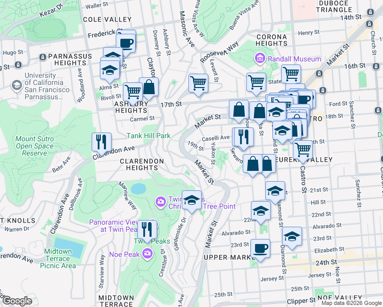 map of restaurants, bars, coffee shops, grocery stores, and more near 3369 Market Street in San Francisco