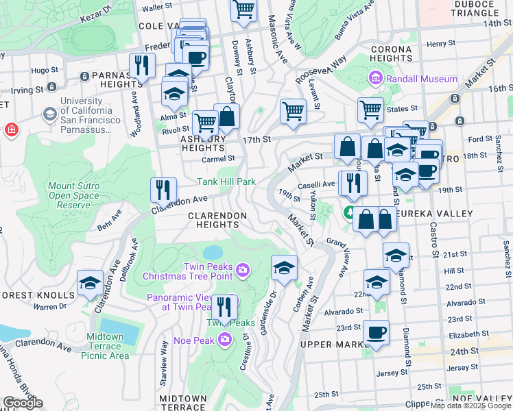 map of restaurants, bars, coffee shops, grocery stores, and more near 123 Graystone Terrace in San Francisco