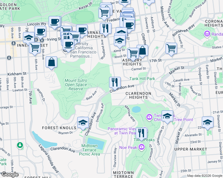 map of restaurants, bars, coffee shops, grocery stores, and more near 136 Mountain Spring Avenue in San Francisco