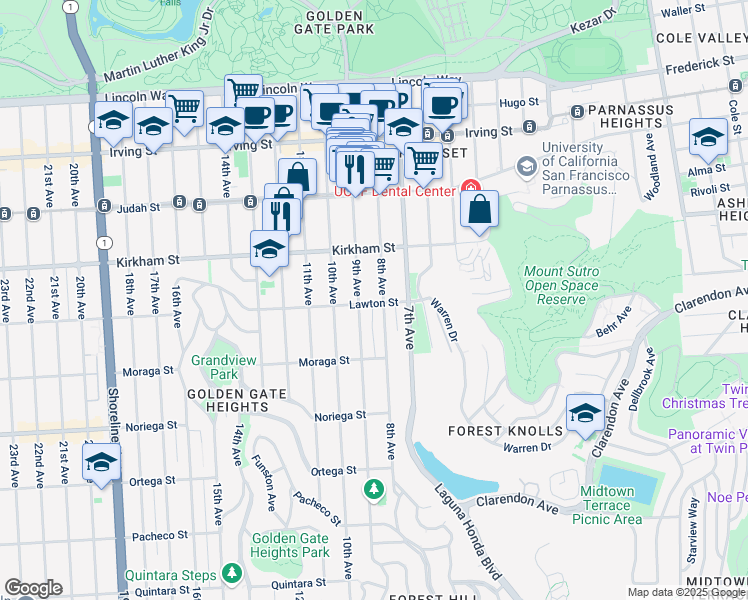 map of restaurants, bars, coffee shops, grocery stores, and more near 1619 9th Avenue in San Francisco