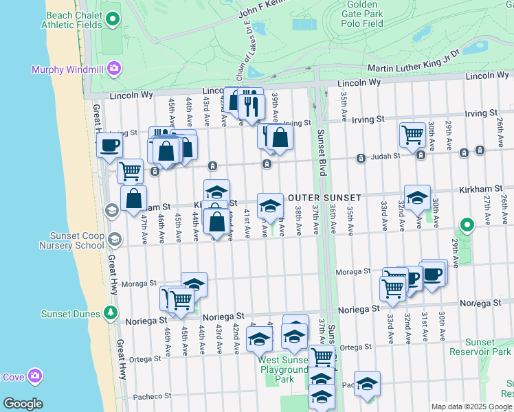 map of restaurants, bars, coffee shops, grocery stores, and more near 1539 41st Avenue in San Francisco