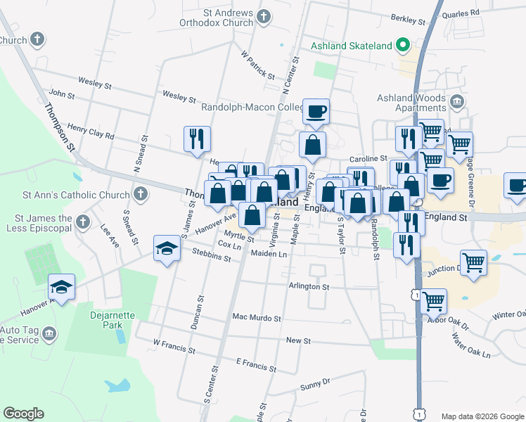 map of restaurants, bars, coffee shops, grocery stores, and more near 201 South Railroad Avenue in Ashland