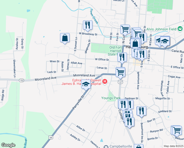 map of restaurants, bars, coffee shops, grocery stores, and more near 434 Perryville Street in Harrodsburg