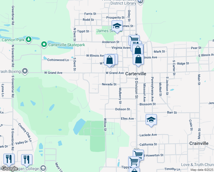 map of restaurants, bars, coffee shops, grocery stores, and more near 401-499 Willow Street in Carterville