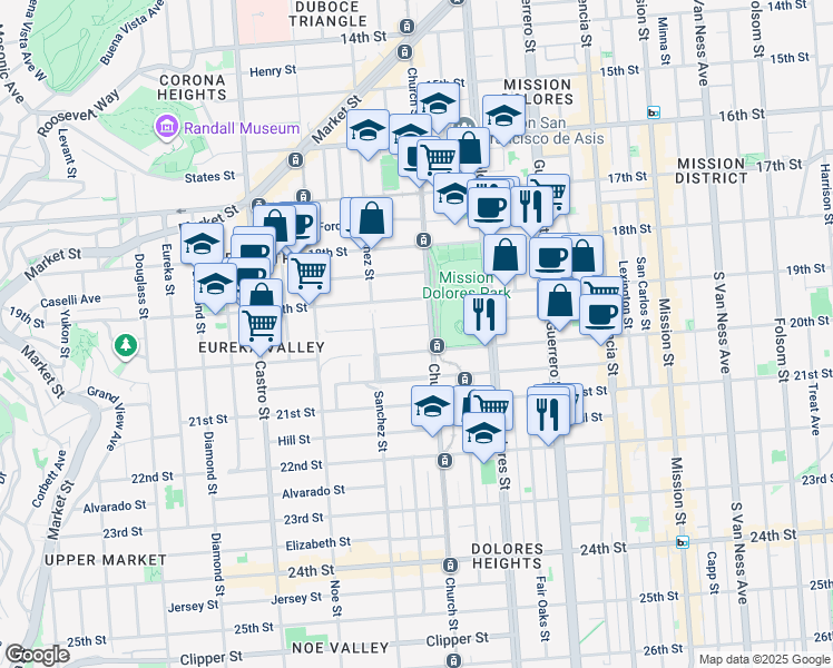 map of restaurants, bars, coffee shops, grocery stores, and more near 223 Cumberland Street in San Francisco