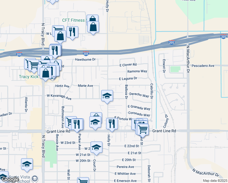 map of restaurants, bars, coffee shops, grocery stores, and more near 115 East Kavanagh Avenue in Tracy