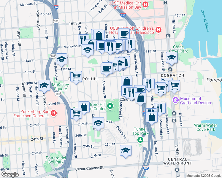 map of restaurants, bars, coffee shops, grocery stores, and more near 610 Connecticut Street in San Francisco