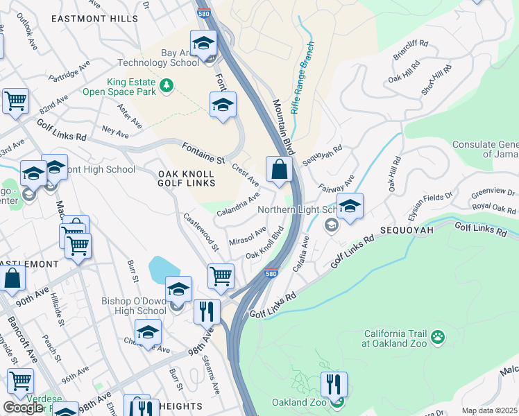 map of restaurants, bars, coffee shops, grocery stores, and more near 3487 Margarita Avenue in Oakland