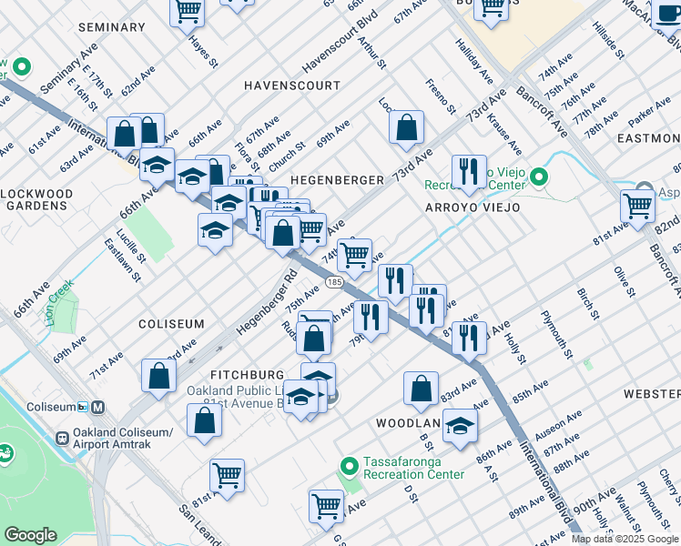 map of restaurants, bars, coffee shops, grocery stores, and more near 7508 International Boulevard in Oakland