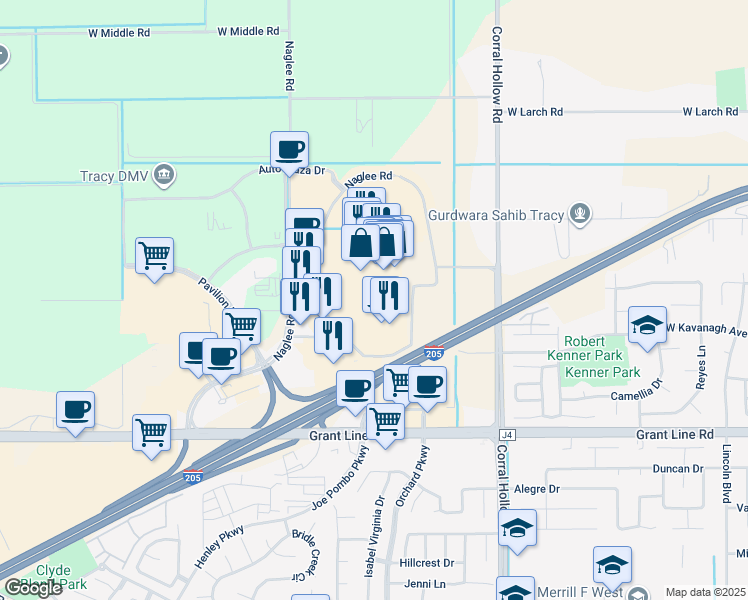 map of restaurants, bars, coffee shops, grocery stores, and more near 3100 Naglee Road in Tracy
