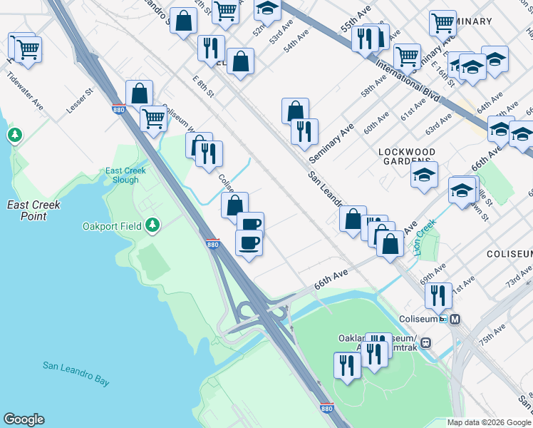 map of restaurants, bars, coffee shops, grocery stores, and more near 711 Kevin Court in Oakland