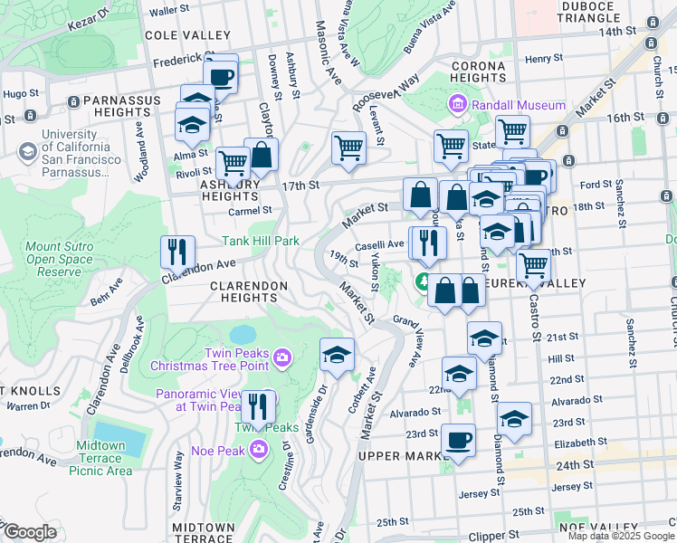 map of restaurants, bars, coffee shops, grocery stores, and more near 3369 Market Street in San Francisco