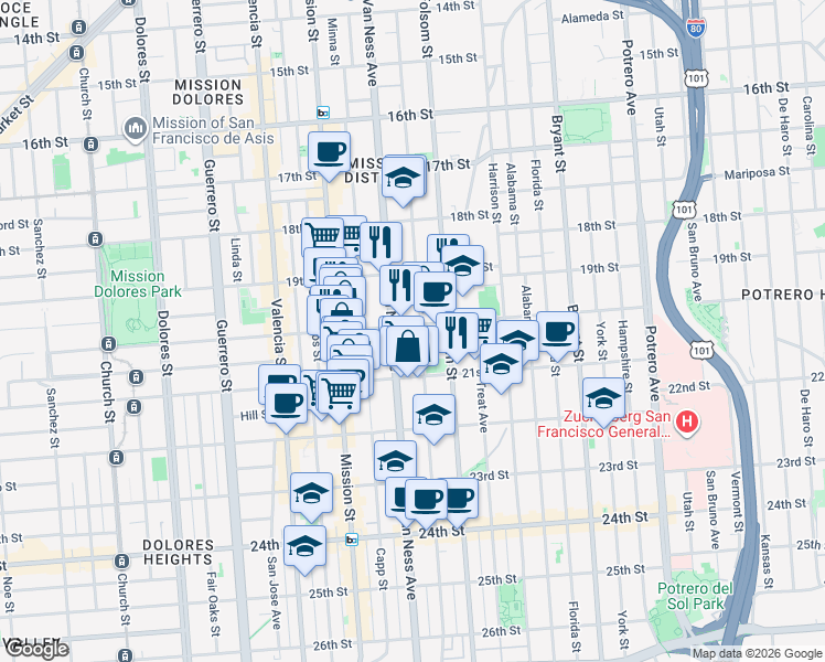 map of restaurants, bars, coffee shops, grocery stores, and more near 3365 20th Street in San Francisco