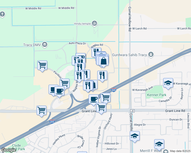 map of restaurants, bars, coffee shops, grocery stores, and more near 3100 Naglee Road in Tracy