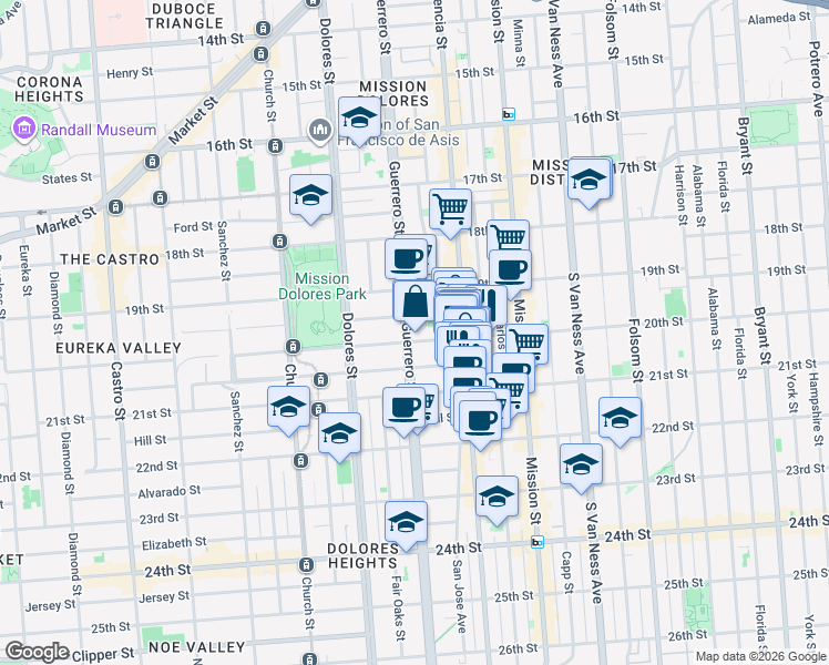 map of restaurants, bars, coffee shops, grocery stores, and more near 58 Liberty Street in San Francisco