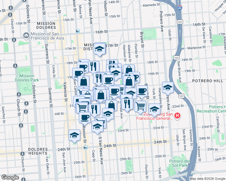 map of restaurants, bars, coffee shops, grocery stores, and more near 2405 Folsom Street in San Francisco