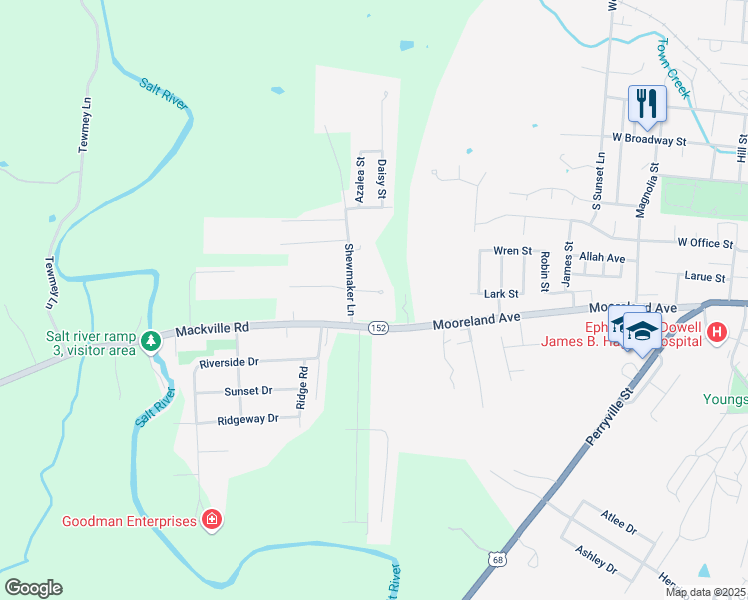 map of restaurants, bars, coffee shops, grocery stores, and more near 835 Mackville Road in Harrodsburg