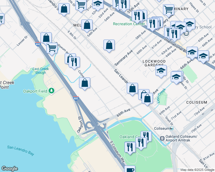 map of restaurants, bars, coffee shops, grocery stores, and more near 740 Kevin Ct in Oakland