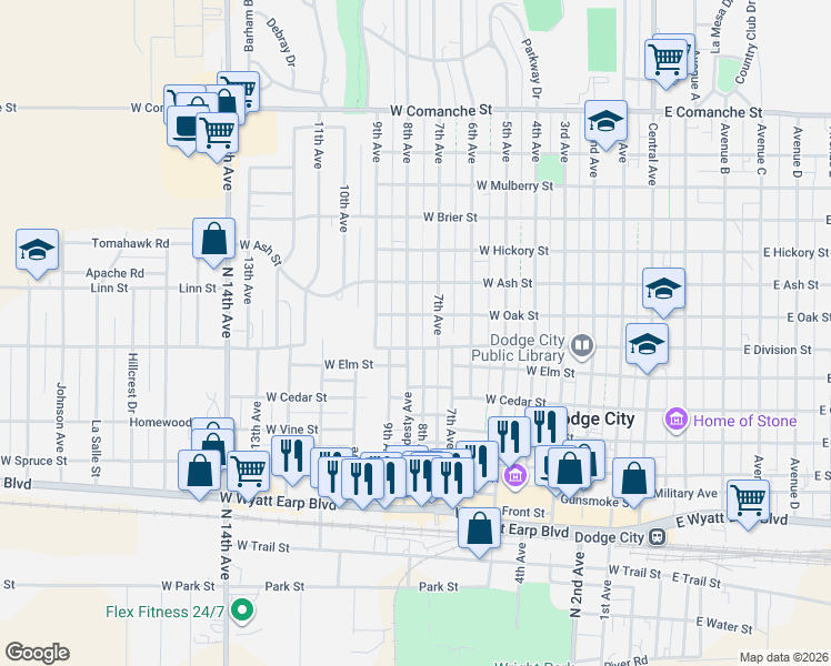 map of restaurants, bars, coffee shops, grocery stores, and more near 1001-1099 Hardesty Avenue in Dodge City
