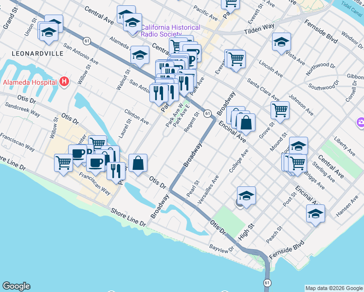 map of restaurants, bars, coffee shops, grocery stores, and more near 1130 Regent Street in Alameda