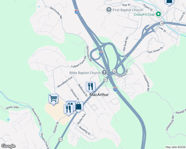 map of restaurants, bars, coffee shops, grocery stores, and more near 150 Colton Loop in Beckley