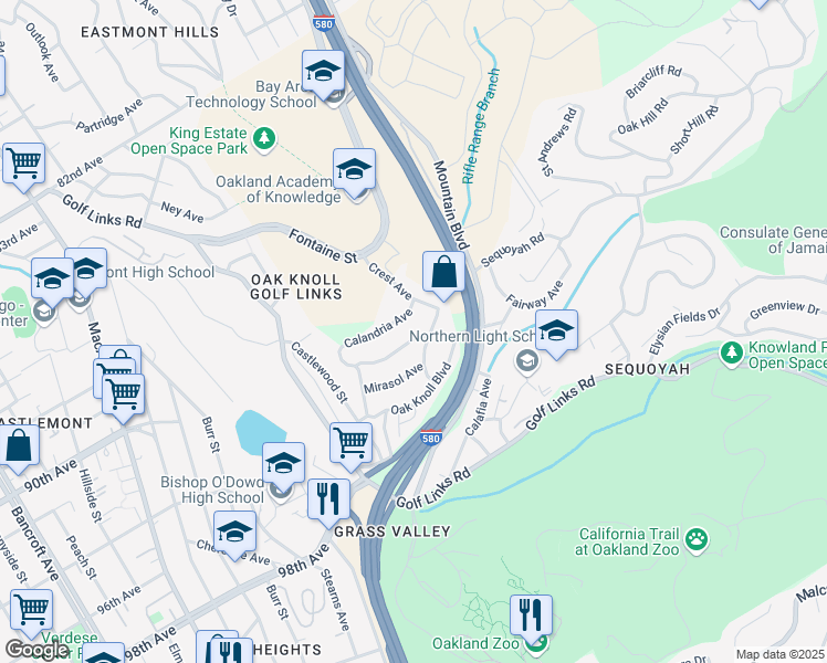 map of restaurants, bars, coffee shops, grocery stores, and more near 3487 Margarita Avenue in Oakland
