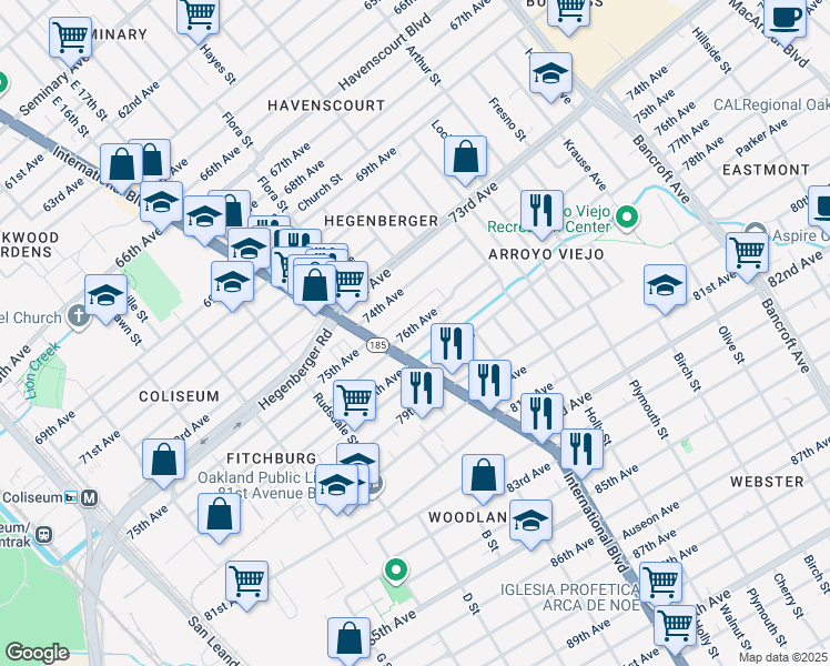 map of restaurants, bars, coffee shops, grocery stores, and more near 1440 76th Avenue in Oakland