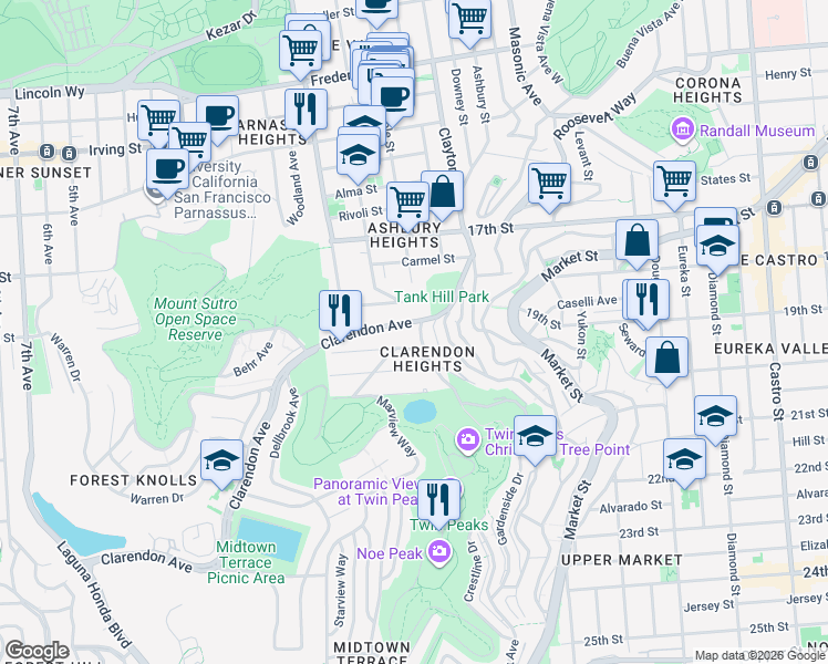 map of restaurants, bars, coffee shops, grocery stores, and more near 216 Twin Peaks Boulevard in San Francisco