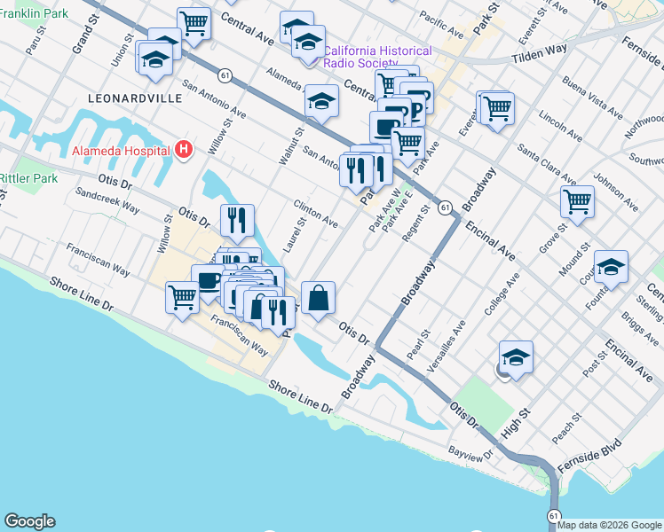 map of restaurants, bars, coffee shops, grocery stores, and more near 954 Park Street in Alameda