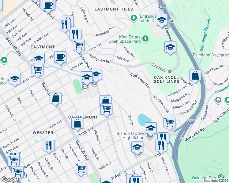 map of restaurants, bars, coffee shops, grocery stores, and more near 8742 Burr Street in Oakland