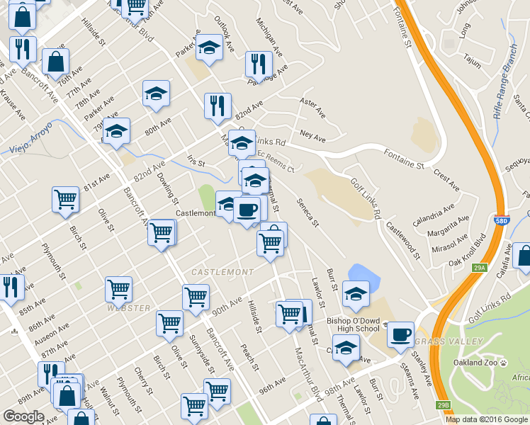 map of restaurants, bars, coffee shops, grocery stores, and more near 8665 Thermal Street in Oakland